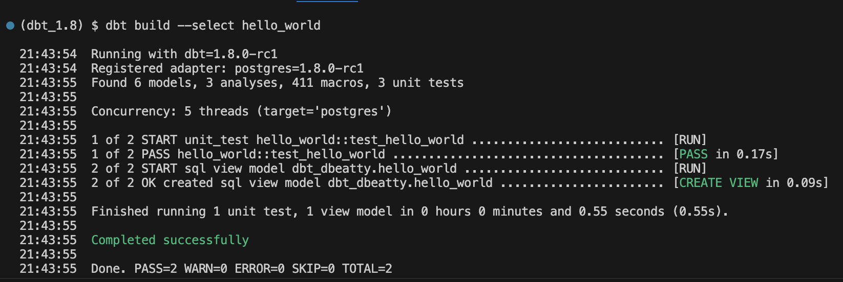 Terminal output of hello world unit test